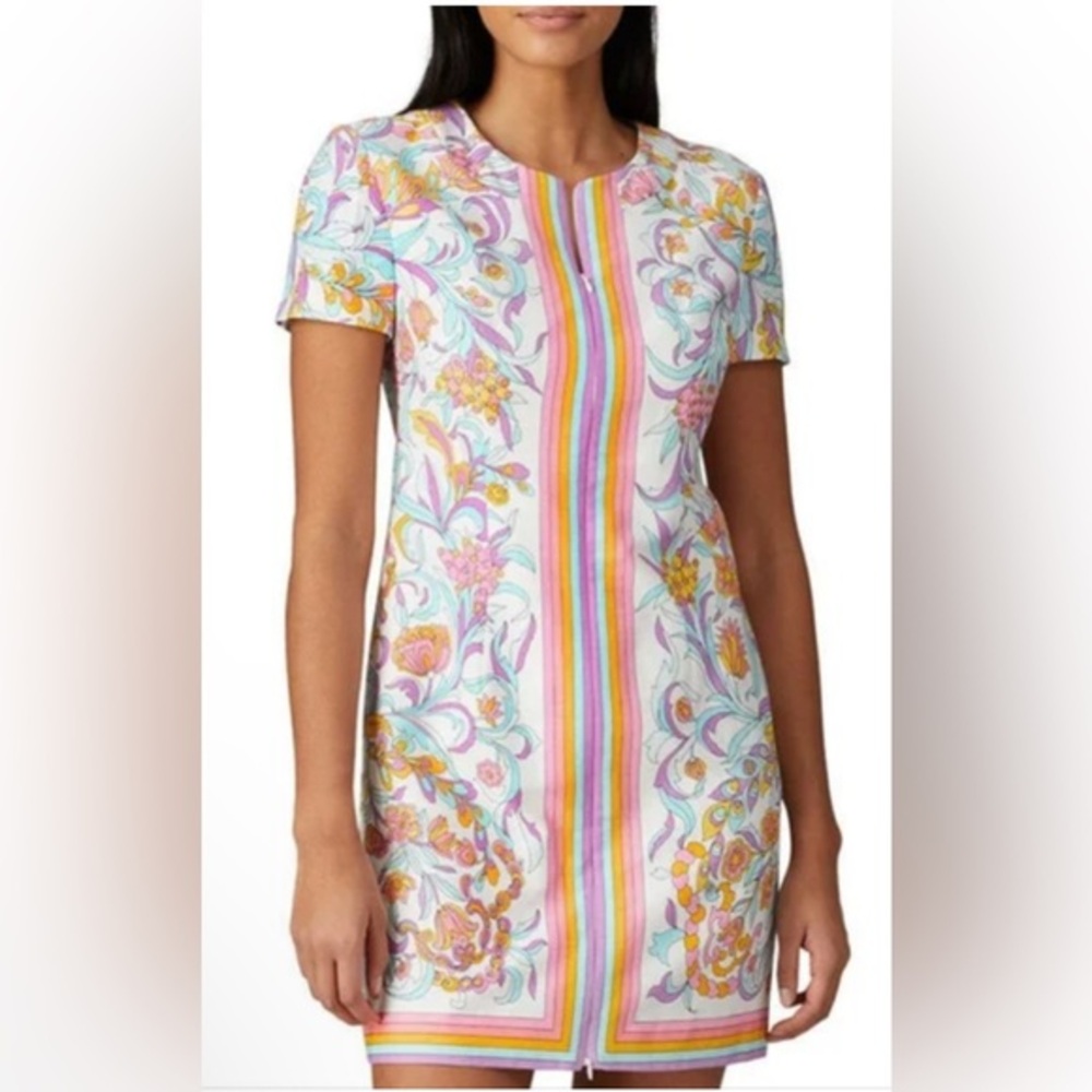 Trina Turk Floral Pastel Multicolor Short Sleeve Dress Full Zipper Dress - 2